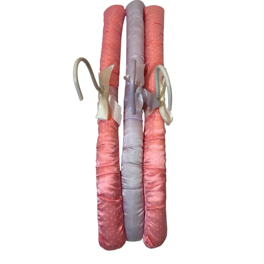 Three Luxurious Padded Satin Hangers-2 Pink Polka Dot and 1 Lilac Hanger.